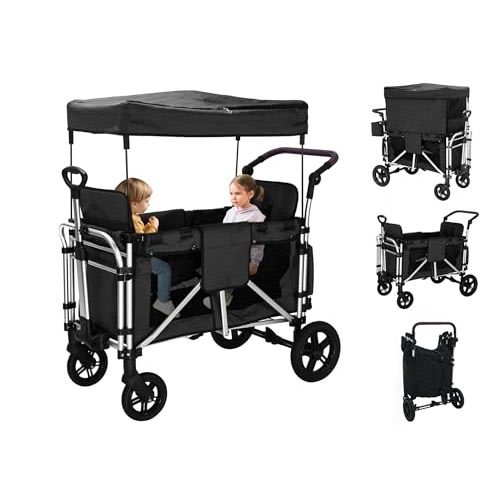 Stroller Wagon for 2 Kids, Wagon Cart Featuring 2 High Seat with 5-Point Harnesses and Adjustable Canopy, Foldable Push-Pull Rod Wagon Stroller for Garden, Stroller, Camping, Grocery Cart (Black-g)
