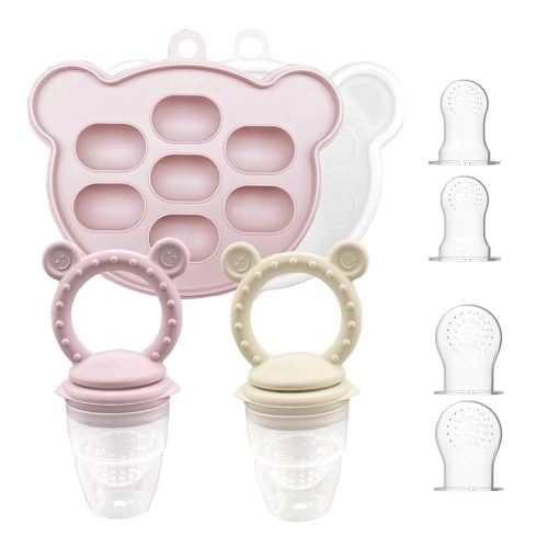 2 Pack Baby Fruit Food Feeder & Mini Freezer Tray Combo, Breastmilk Popsicle Molds for Baby Cooling Relief, BPA Free Silicone Feeder for Safe Infant Self Feeding, 4 Month+(Green&Beige)