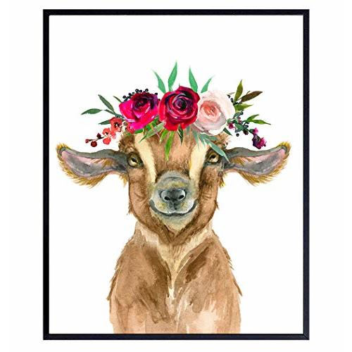 Cute Baby Goat w/Flower Crown Wall Art Home Decor - Decoration for Girls or Boys Bedroom, Nursery, Kids Room, Playroom, Preschool, Daycare - Farmhouse, Farm Theme Gift - Baby Animals Picture Print