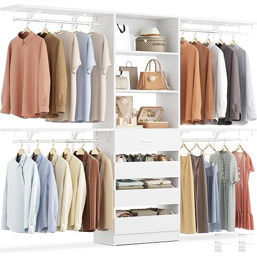 Aheaplus 8FT Wood Closet Organizer With 4 Drawers, 96'' Built-In System Tower With Shelves, Walk-in Wardrobe Clothes Garment Rack, Fits Spaces 4-9 ft, White