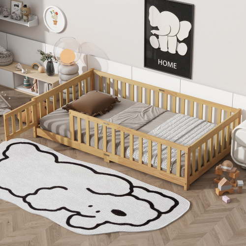 uhomepro Children's Bed Frame, Full Size Toddler Bed with Fence and Door, Platform Floor Bed, No Box Spring Needed, Pink