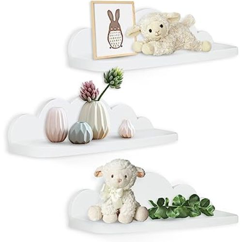 Veluckin Small Floating Shelves Mini Cloud Shelves Hanging Display Wall Shelf for Bathroom Livingroom Bedroom,3 Pack,with 2 Types of Installation,White