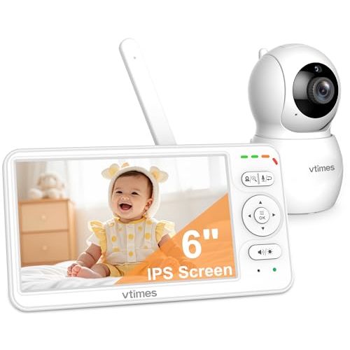 VTimes Baby Monitor with Camera and Audio, 6'' IPS Screen with 30-Hour Battery, Baby Monitor No WiFi Night Vision, ECO, 2-Way Audio, Pan-Tilt-Zoom, Baby Camera Monitor with 1000ft Range, Ideal Gift
