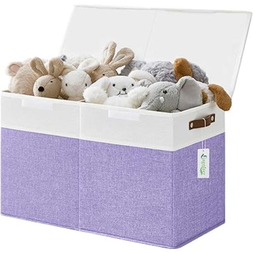 Large Toy Storage Box with Lids, Collapsible Sturdy Baby Storage Organizer Chest Bin Basket for Kids, Boys, Girls, Playroom, Nursery, Bedroom, Closet 25"x13"x16" (Purple and White)