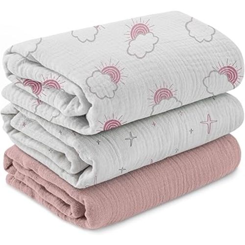 Muslin Swaddle Blankets for Newborn, 3 Pack Breathable Soft Receiving Blanket, Large 38 x 40 inches Swaddle Wrap Burping Clothes Diapers, Essentials Infant Shower Items, Toddler Gift (Clouds & Stars)