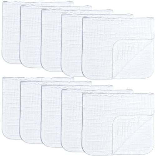 Muslin Burp Cloths 10 Pack Large 100% Cotton Hand Washcloths 6 Layers Extra Absorbent and Soft by Comfy Cubs (White, Pack of 10)