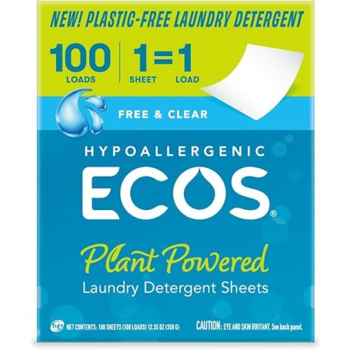 ECOS Laundry Detergent Sheets Vegan, No Plastic Jug, No Mess & Liquid Free - Laundry Sheets in Washer - Hypoallergenic, Plant Powered Laundry Detergent Sheets - Free and Clear - 100 Sheets (Pack of 1)