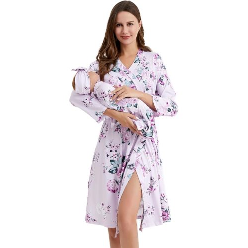 Galabloomer Flower Maternity Robe and Baby Receiving Blanket, Matching Mommy Labor Delivery Robe and Swaddle Set