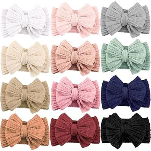 12 Pack Baby Headbands Super Soft Stretchy Nylon Hair Bands Hair Bows Hair Accessories for Baby Girls Newbrons infants Toddlers