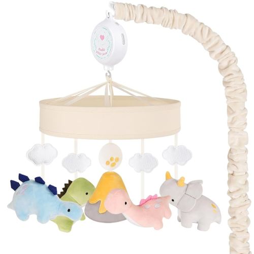 Dinosaur Crib Mobile – Beige Dino Baby Crib Mobile with 3-Mode Music Box, Nursery Mobile with Triceratops, T-Rex, Volcano, Fits Standard Cribs