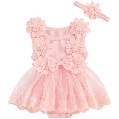 Infant Baby Girl Lace Romper Baby Tulle Dress Romper Flowers Bodysuit Spring Summer Festival Clothes with Headband