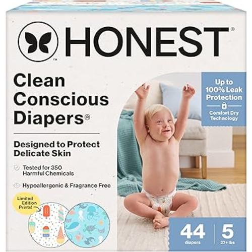 The Honest Company Clean Conscious Diapers for Delicate Skin | Up to 100% Leakproof | Hypoallergenic, Fragrance Free | Summer '25 Limited Edition Prints | Club Box, Size 5 (27+ lbs), 44 Count