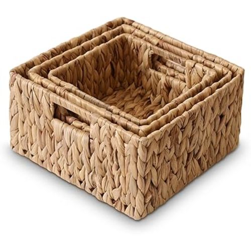 Wicker Storage Baskets Set of 3 Square 12'' Hand-Woven Natural Water Hyacinth Storage Baskets Cubes with Built-In Handles Pantry Organizers and Storage for Shelves Bathroom Kitchen Countertop