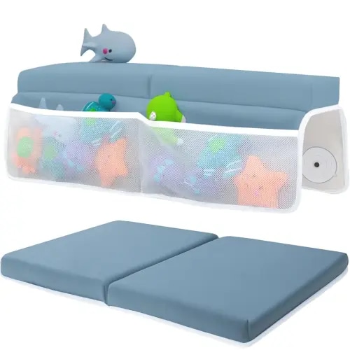 Baby Bath Kneeler and Elbow Rest Pad Set - Baby Bath Support for Knees and Elbows - Bath Kneeler Pad with Memory Foam and Bath Toys Organizer - Ideal Bath Kneeling Pad for Bathing Baby - Blue