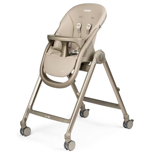 Peg Perego Living, Grow with Baby Folding High Chair & Recliner, Height Adjustable, Quick Clean & Easy Push Wheels for Babies & Toddlers, Made in Italy, Space Sand
