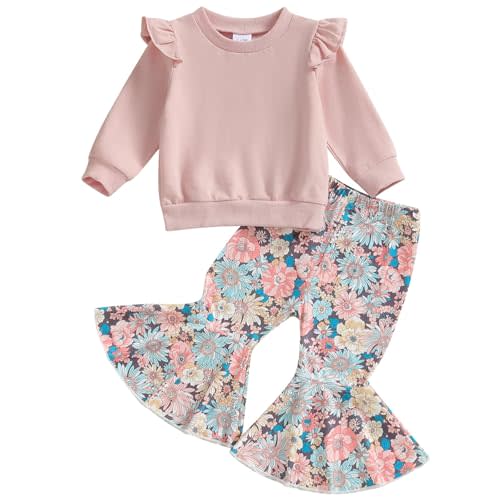 Mubineo Toddler Baby Girl Clothes Cute Outfits Long Sleeve Sweatshirt Tops Floral Bell Bottom Pant Fall Winter Outfit