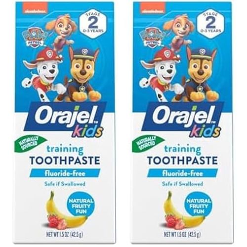 Orajel Kids Paw Patrol Fluoride-Free Training Toothpaste, Natural Fruity Fun Flavor, #1 Pediatrician Recommended, 1.5oz Tube (Pack of 2)