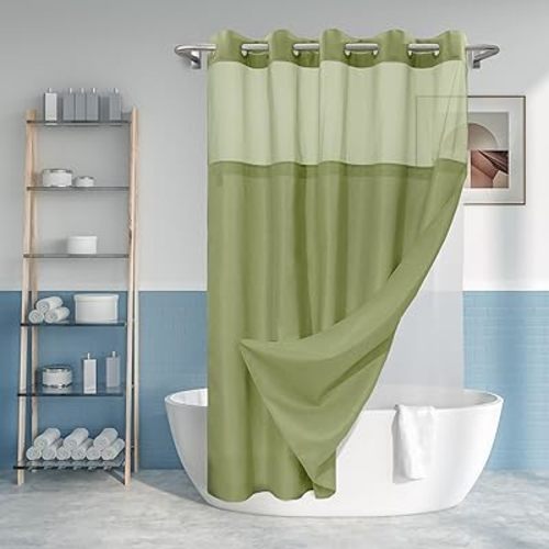 River Dream No Hook Slub Textured Shower Curtain with Snap-in PEVA Liner Set - 71" x 74"(72"), Hotel Style with See Through Top Window, Fabric Outer Curtain & Waterproof Inner Liner, Sage, 71x74
