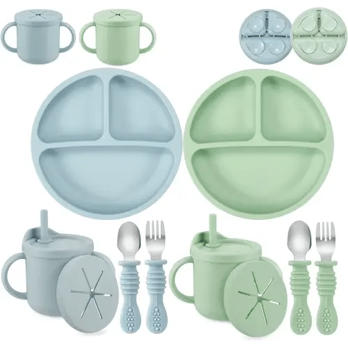 PandaEar Silicone Baby Feeding Set| 2 Pack Silicone Divided Suction Plate and 2 Pack Tiny Cup with 2 Spoons 2 Forks| Baby Led Weaning Supplies Self Feeding Eating Utensils (Light Blue/Light Green)