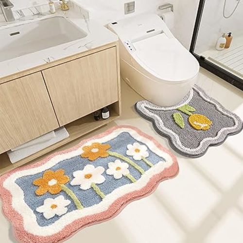 Bathroom Rug Set 2 Piece, Soft Pink Cute Bath Mat and U-Shaped Contour Toilet Rug, Absorbent Microfiber Plush Bath Rug Set, Non-Slip Bath Carpet, Machine Washable, 32x20 Plus 22x20