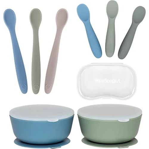 WeeSprout 2 Silicone Suction Bowls, 3 Self Feeding Baby Spoons & 3 Toddler Spoons Bundle - Soft-Tip Utensils Dinnerware - Dishwasher & Microwave Safe - Travel Case Included
