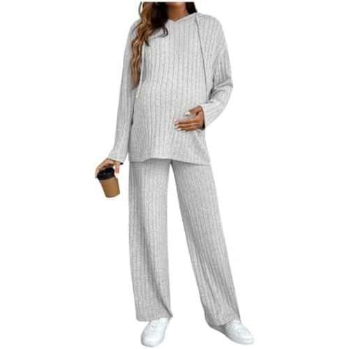 MakeMeChic Women's Maternity 2 Piece Outfits Lounge Set Ribbed Knit Long Sleeve Hoodie and Pants Pregnancy Set