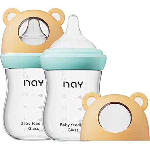 yanyoyo Natural Glass Baby Bottle for Breastfeeding Babies, 5.4oz Anti-Colic Baby Bottle with Natural Response Nipple(S), Clear, Wide Neck, 2 Pack, 1 Months+
