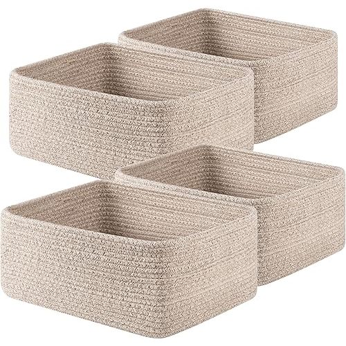 OIAHOMY 4 Pack 14.17 * 11.02 * 6.3IN Storage Baskets for Organizing Shelves, Woven Rope Baskets for Organizing Books, Clothes, Decorative Basket for Living Room, Nursery, Bedroom, Gift Basket, Brown