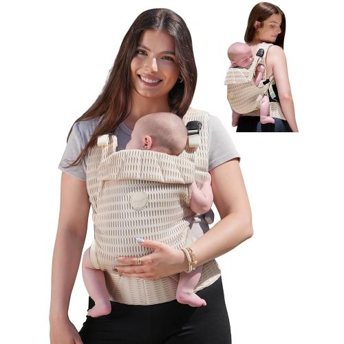 GROWNSY Baby Carrier Newborn to Toddler, Breathable Mesh Carrier(7-44lbs) with One-Click Sliding Clasp, Head Support, Ergonomic Design and Hands-Free Comfort, Almond Beige