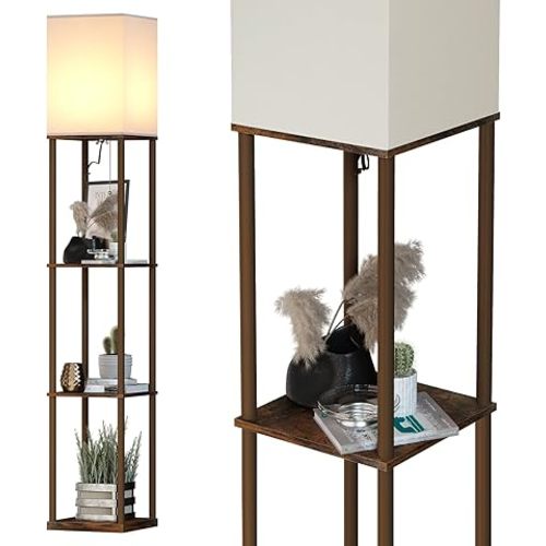 SUNMORY Floor Lamp with Shelves, Modern Square Standing Lamp with 3 Color Temperature Bulb, Corner Display Bookshelf Lamp for Living Room and Bedroom (Rustic Brown)
