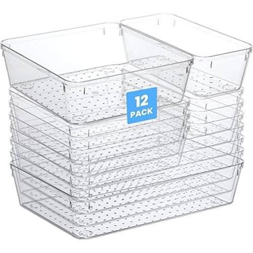 Clear Drawer Organizer, 12 Pack Large plastic Set, 3 Size Versatile Bathroom and Clear organizer bins,Vanity Organizer Trays, Storage Bins for Makeup, Bedroom, Kitchen Utensils