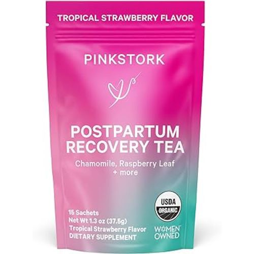 Pink Stork Postpartum Recovery Herbal Tea, Organic Red Raspberry Leaf with Chamomile, Hormone Balance for Women After Labor and Delivery, Strawberry Passion, Hot or Iced, Caffeine-Free, 15 Sachets
