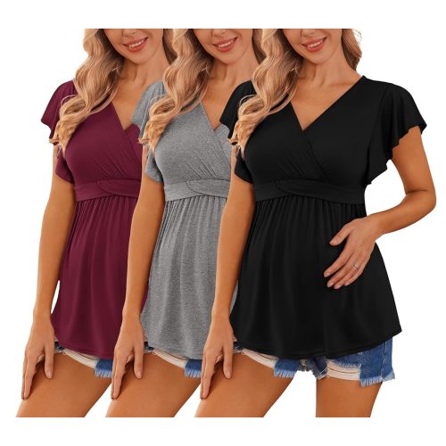 Ekouaer Maternity Shirts 3 Packs Flying Short Sleeve Nursing Tops Pregnancy Clothes