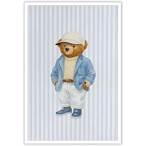 Trendy Teddy Bear Canvas Wall Art Bear In A Suit And A Hat Poster Funny Coastal Preppy Blue Stripes Animal Prints Painting For Living Room Bedroom Office Wall Decor 12x16in Unframed