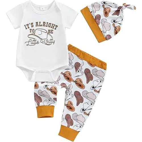 Baby Boy Western Clothes Cowboy Letter Short Sleeve Romper Cowboy Boots Hat Pattern Pant Newborn 3Pcs Country Outfit (White, 0-3 Months)