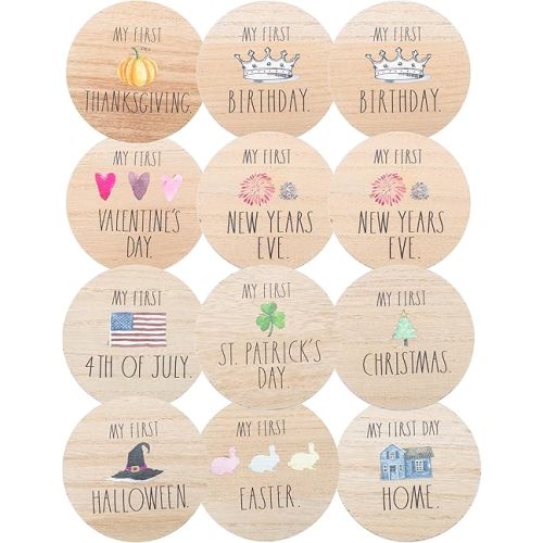 Rae Dunn Baby Milestone Plaques - Wooden Baby Holiday Milestone Props for Newborn Boy or Girl - First Year Baby Photo Shoot Photography Prop – Halloween, Thanksgiving, Christmas, Easter, July 4th