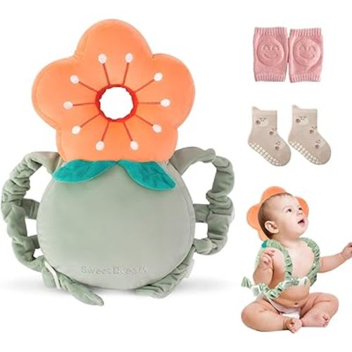 Baby Head Protector Backpack, Head Protector Pad Safety Cushion for Crawling and Walking with Baby Knee Pads (Ordinary Style-Flower), Larger