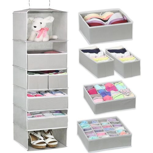 Simple Houseware 6 Shelves Hanging Organizer with Drawers, Grey