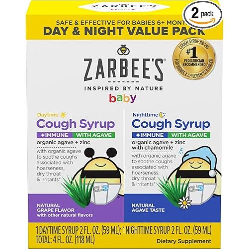 Zarbee's Baby Daytime & Nighttime Cough Syrup + Immune with Organic Agave + Zinc, Daytime Cough Syrup, Grape, & Nighttime Cough Syrup with Chamomile, Agave Taste, Two Pack, 2 x 2 fl. oz