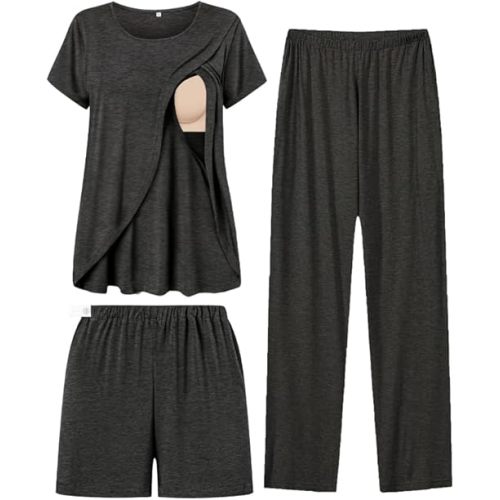 SWOMOG Women Maternity Pajamas Sets 3 Pcs Adjustable Breastfeeding Nightwear Double Layer Short Sleeve Pregnancy Pjs Set