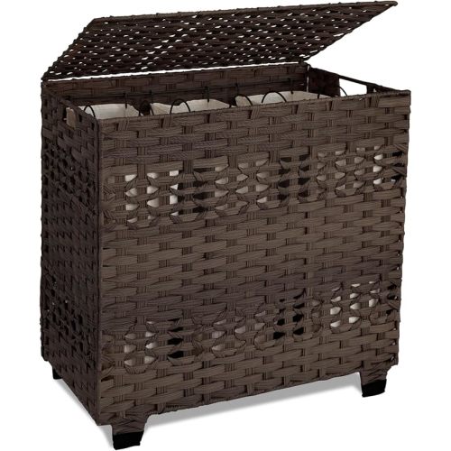 OIAHOMY Laundry Hamper with Lid, 140L Clothes Hamper with 3 Removable Liner Bags, Foldable Basket with Lid, Synthetic Wicker Laundry Basket for Bedroom, 27x 13 x 26 Inches, Brown