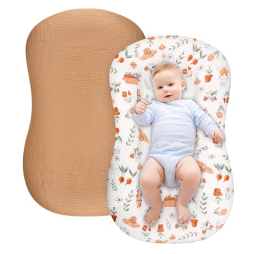 Jundetye Muslin Baby Lounger Cover, 2 Pack Muslin Cotton Newborn Lounger Cover for Girls Boys, Soft Removable Slipcover for for Infant Lounger, Brown Hat