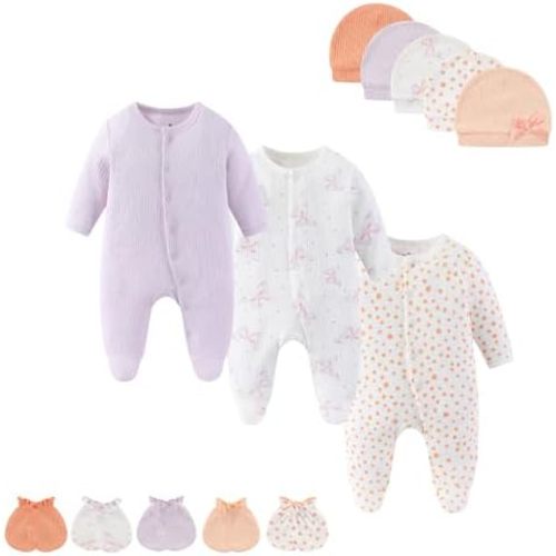 Baby Boy Girls Clothes 2-Way Zip Footed Long Sleeve 100% Cotton,Newborn Caps and Scratch Mittens Set 0-6 Months