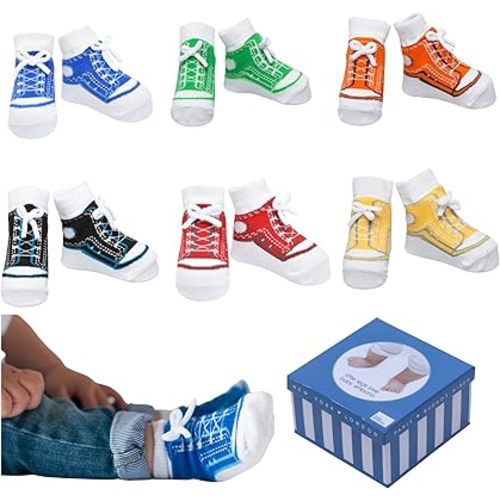 Baby Boy Socks with Sneaker Shoe Look-Non-slip Gripper Soles-3 or 6 Pairs-Cotton-Gift Packaged-Baby Shower-Faux Shoelaces