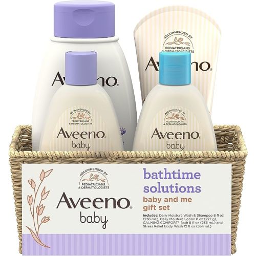 Aveeno Baby Bathtime Solutions Baby & Me Gift Set with Baby Wash & Shampoo, Calming Baby Bath & Wash, Baby Daily Moisturizing Lotion & Stress Relief Body Wash for Mom, Soap-Free, 4 items