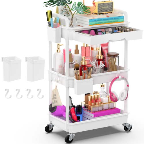 Yeabett 3 Tier Rolling Utility Cart Organizer with Removable Drawer, Mobile Storage Carts with 2 Lockable Wheels for Bathroom, Kitchen, Snack, Craft, Makeup, Baby Essentials, White