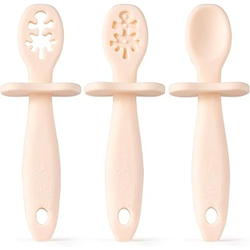 Growing Love Baby Spoons Set, Self Feeding 6 months, Pre-Spoon, Baby utensils, Toddler spoon, training spoon, cuchara bebe, blw, 100% silicone, Anti choke shield (vanilla)
