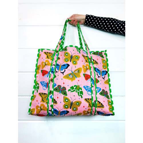 Large Quilted Travel Tote Bag - Pink Butterfly Print
