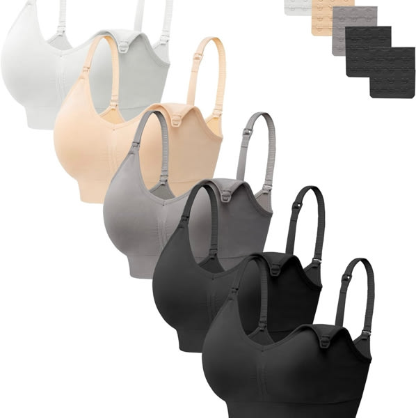 HBselect Women Maternity Bras 5 Pack Nursing Bras for Breastfeeding Seamless Pregnancy Sleep Bralette with Extra Extenders