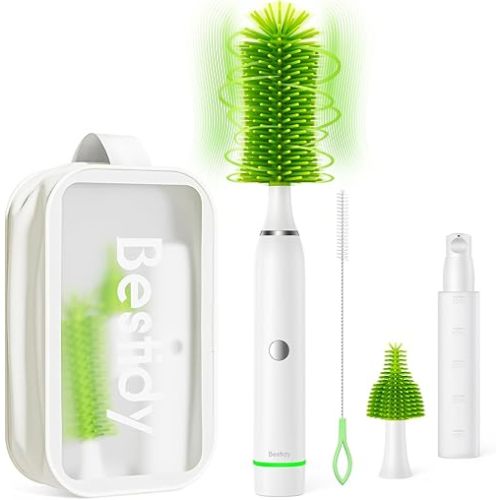 Bestidy Electric Baby Bottle Brush Travel Set,Rechargeable Baby Bottle Cleaner with Replaceable Silicone Bottle/Nipple/Straw Brush,50ml Lotion Bottle and Storage Bag,Green